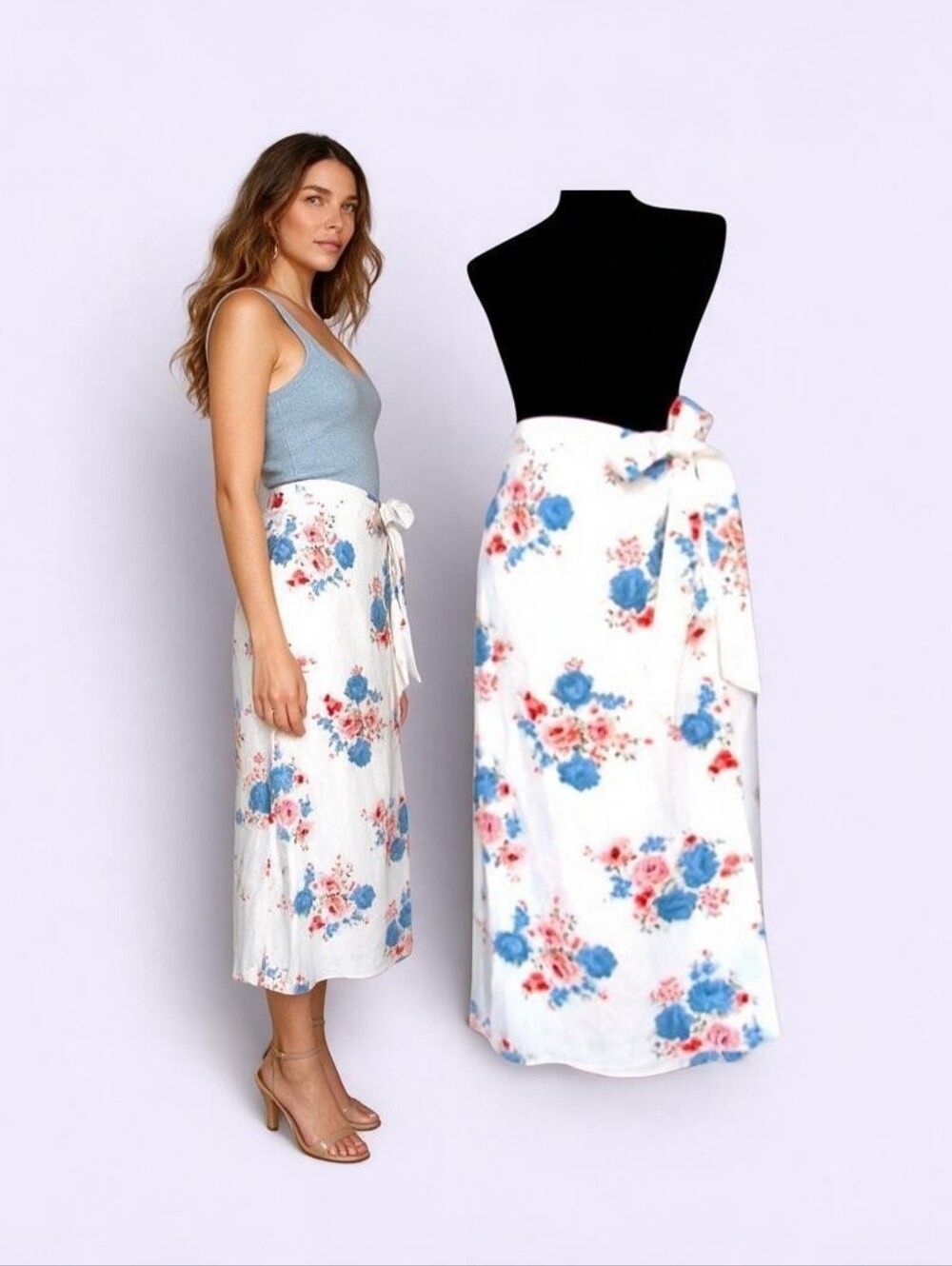 LOFT White Floral Wrap Maxi Skirt - Blue & Coral Flowers